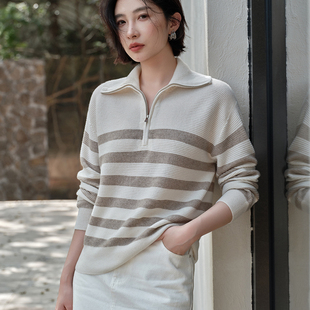 25秋冬新款100%山羊绒衫女半拉链Polo翻领条纹宽松显瘦针织打底衫