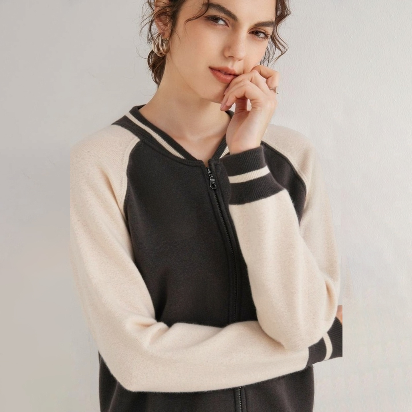 25新款女100%山羊绒圆领撞色夹克设计感简约亲肤舒适百搭宽松时尚