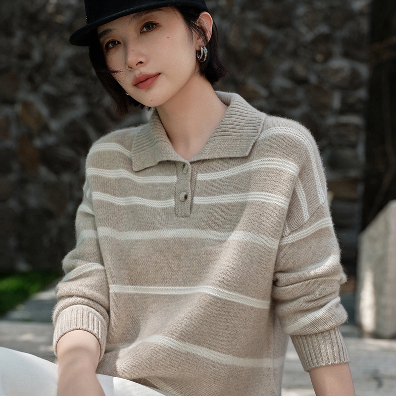 2025秋冬新款Polo领条纹纯山羊绒衫女宽松百搭针织打底衫毛衣上衣