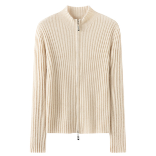 针织开衫 女圆领百搭修身 双拉链抽条外套毛衣 100%山羊绒衫 秋冬新款