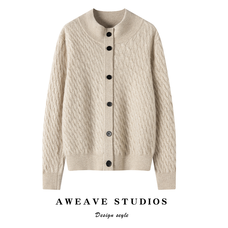 2025秋冬新款羊绒衫女100%纯山羊绒宽松休闲外套保暖圆领针织开衫