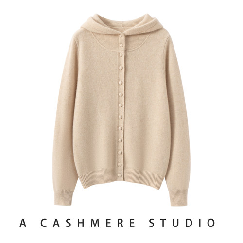 25秋冬新款100%纯山羊绒女连帽加厚针织开衫外套纯色百搭减龄毛衣