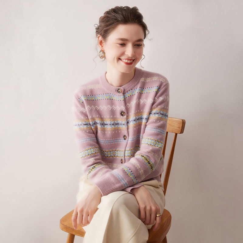 秋冬新款100%山羊绒开衫女圆领加厚复古费尔岛提花宽松针织衫外套