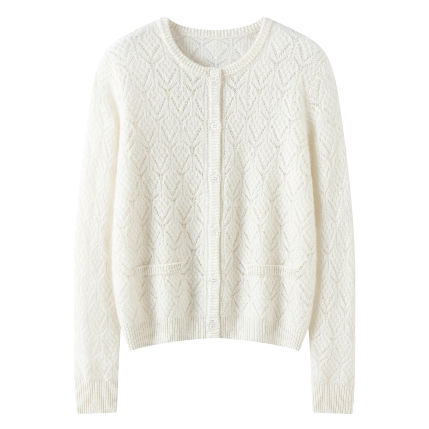 秋冬新款100%山羊绒衫圆领软糯镂空开衫宽松百搭时尚打底毛衣外套