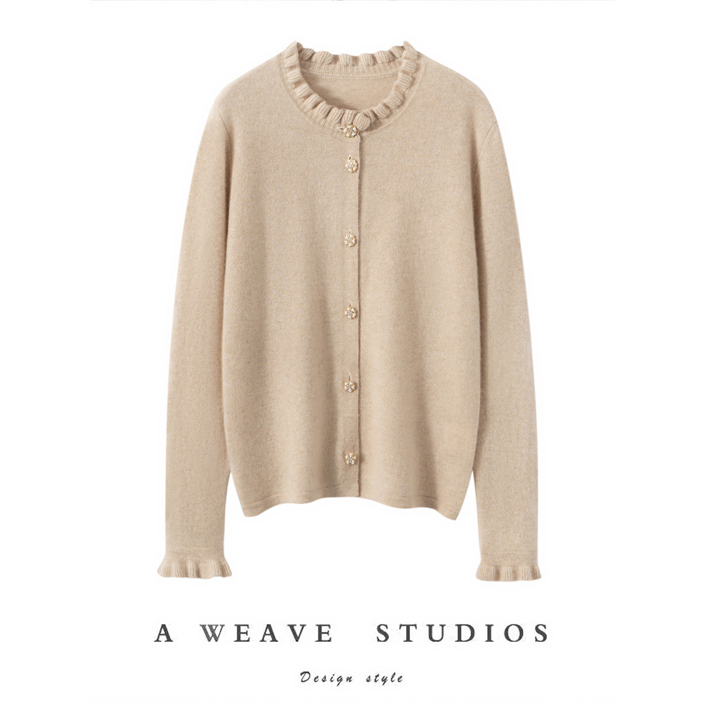 秋冬新款100%山羊绒针织开衫外套女休闲法式荷叶边毛衣外搭简约潮