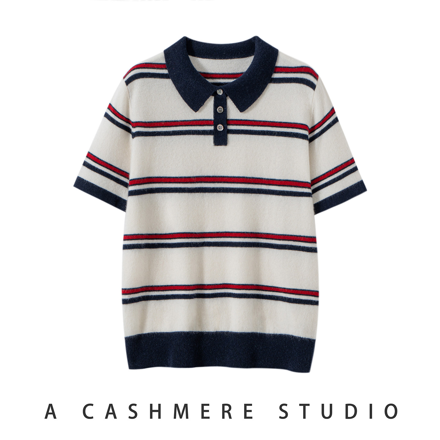 秋冬新款100%纯山羊绒衫女Polo领系扣条纹撞色短袖休闲减龄针织衫,女装/女士精品,羊绒衫,淘宝优惠券,粉丝福利购,淘宝优惠卷