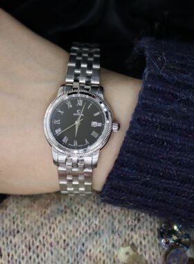 瑞士CYMA西马商务休闲罗马记时黑盘精钢石英女表低折扣 现货 保修