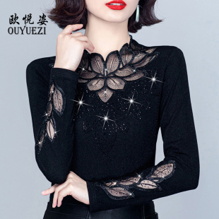 春装 长袖 中年妈妈外穿打底衫 上衣薄款 女洋气时尚 春秋黑色内搭小衫
