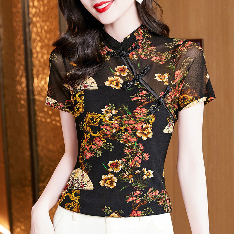 夏装2023年新款旗袍式立领短袖上衣复古印花短款女改良妈妈装小衫
