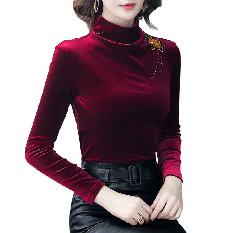 酒红色高领金丝绒加厚上衣长袖加绒内搭外穿打底衫女妈妈款秋冬装