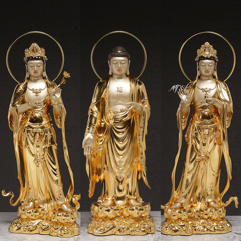 铜贴金双莲花西方三圣阿弥陀佛观音菩萨大势至菩萨供奉佛像摆件