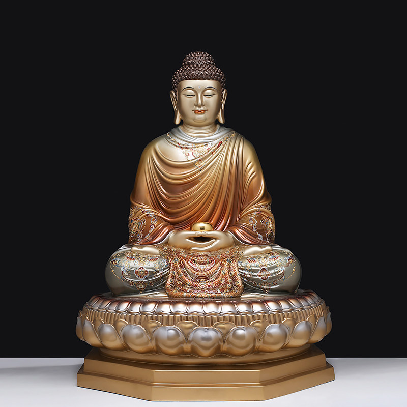 铜彩铜镶金三宝佛释迦牟尼阿弥陀佛药师佛供奉佛像摆件家用寺庙