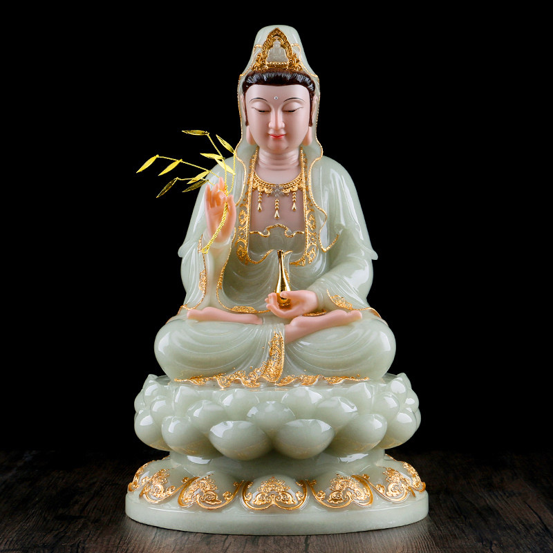 汉白玉石雕观音菩萨佛像供奉摆件家用客厅翠玉镶金观世音佛像坐像