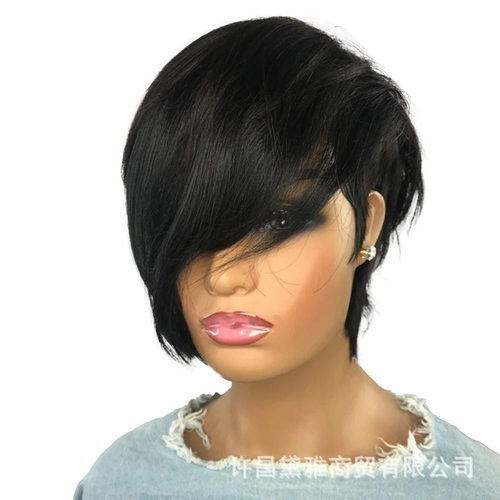 全机制真人发小精灵短Bob头套Wig With Bangs Bob Pixie Cut Wigs