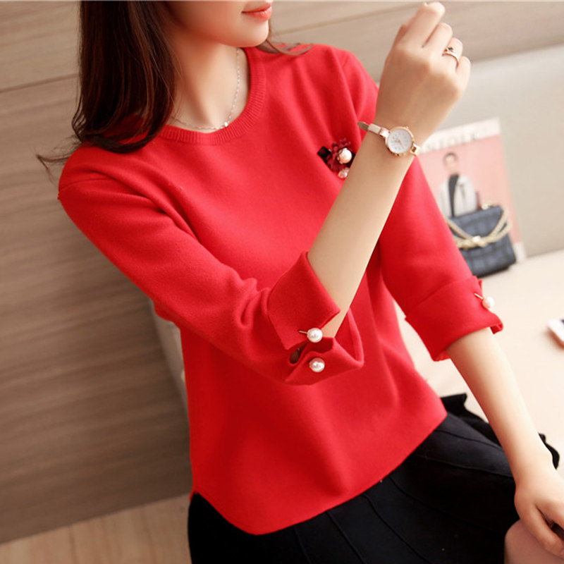 秋冬新款红色套头毛衣女针织衫短款圆领打底衫七分袖宽松百搭上衣