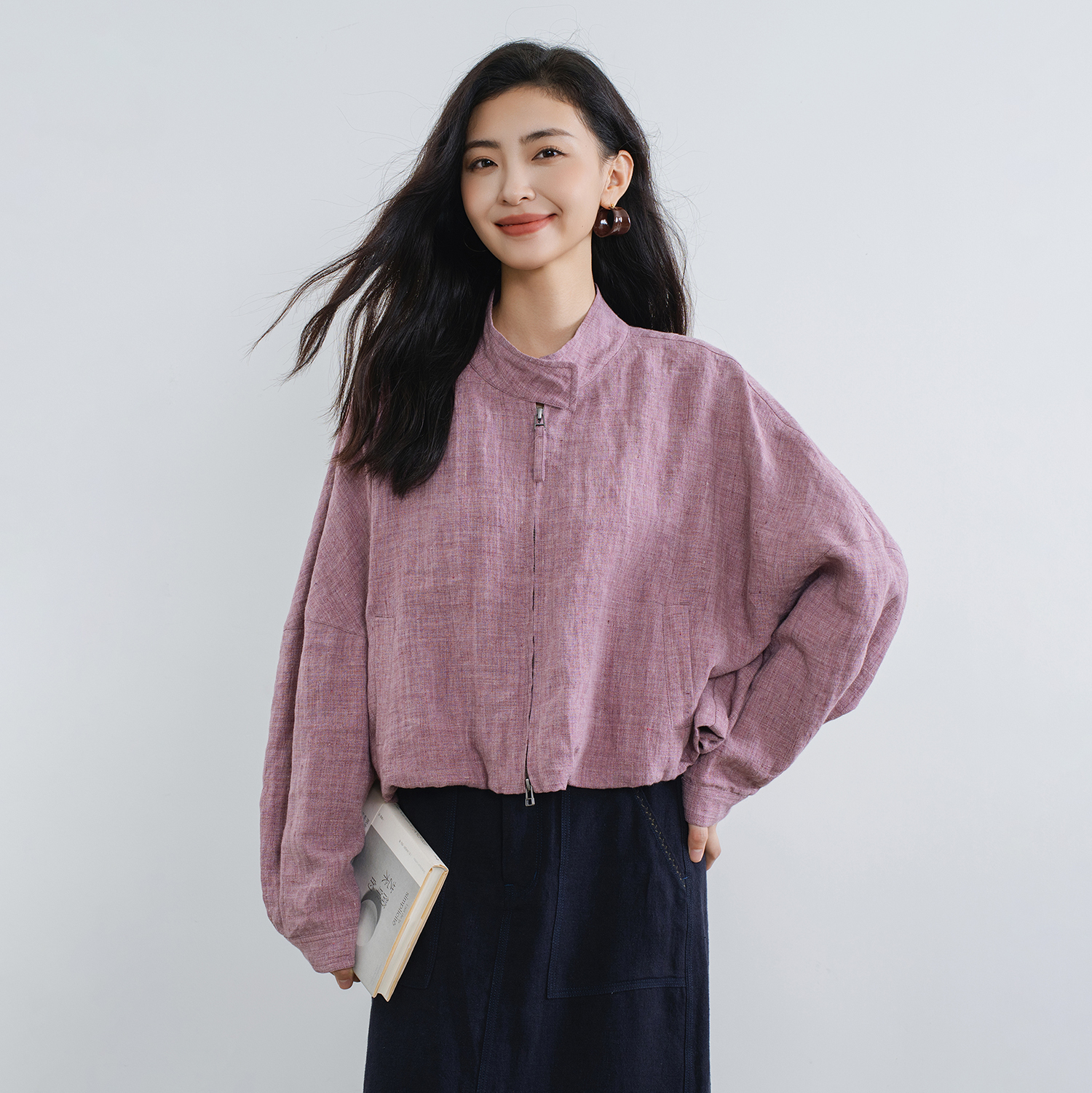 紫粉色定制色织亚麻短款外套