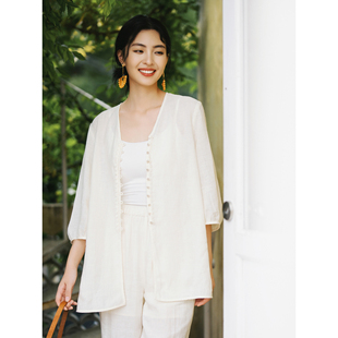 梭家｜晴朗夏日｜轻中式亚麻柞蚕丝混纺轻薄米白色开衫夏高端外套