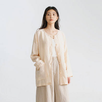 梭家简约透气14支砂洗亚麻米杏色长袖轻外套夏季女宽松上衣  67MY