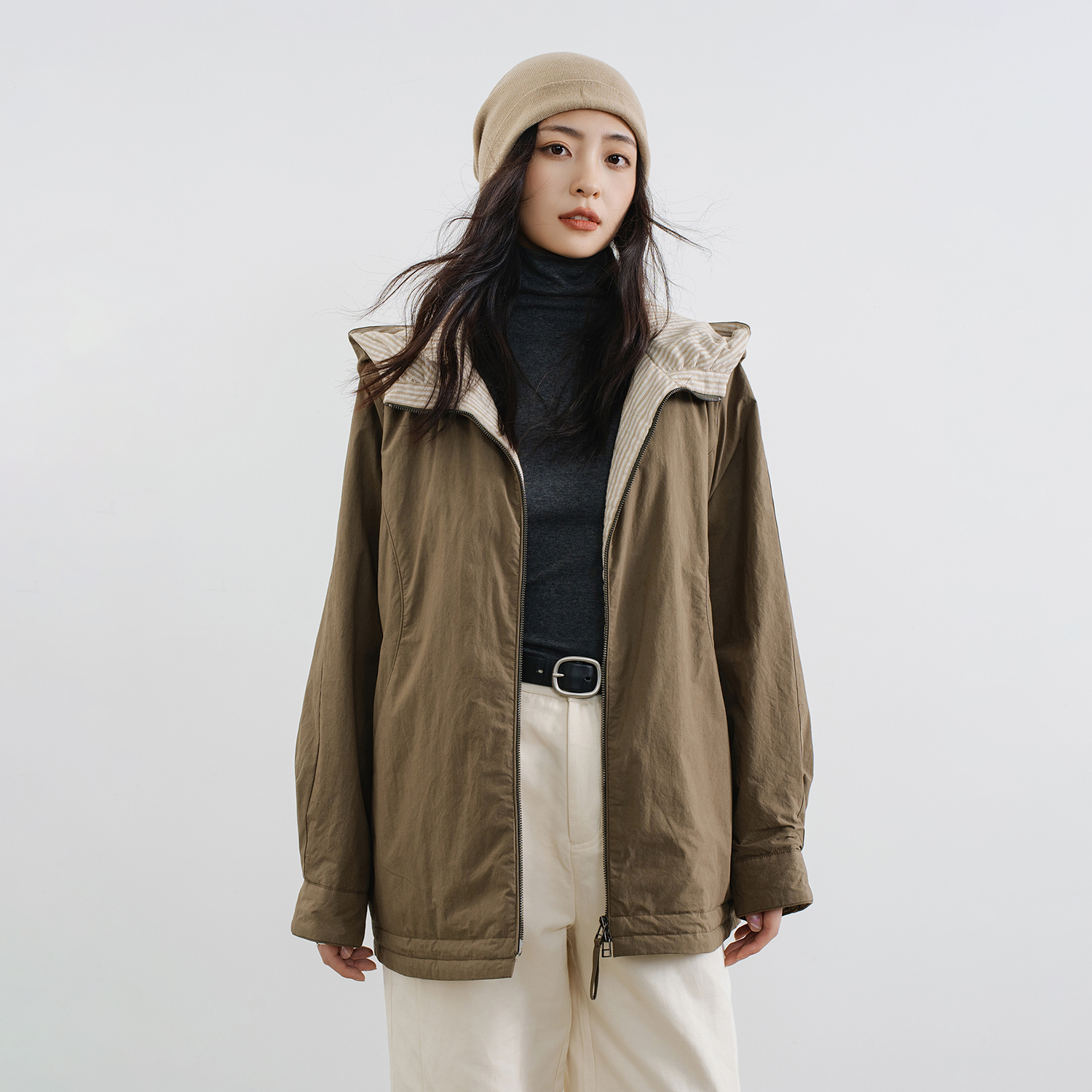 青棕色连帽风衣混纺棉服