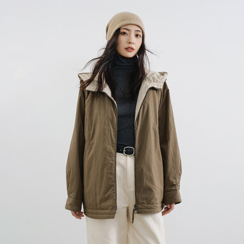 青棕色连帽风衣混纺棉服