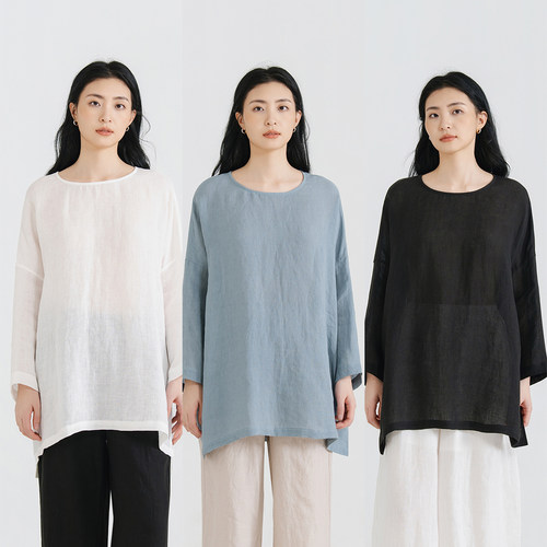 梭家2026夏汉麻宽松上衣圆领中长款遮肉显瘦慵懒风长袖女衫6157LF