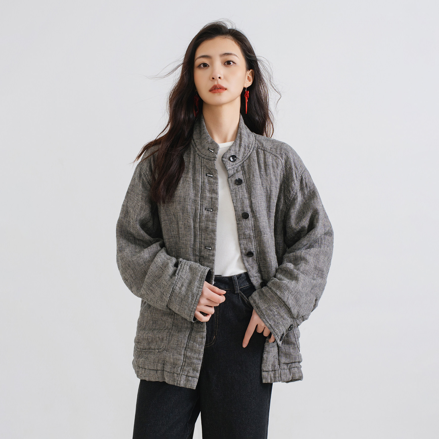 梭家｜手写素色｜新雪丽棉服高效保暖 复古亚麻黑灰长袖女士外套 - 梭家出品