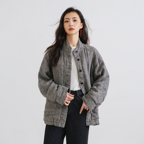 梭家｜手写素色｜新雪丽棉服高效保暖 复古亚麻黑灰长袖女士外套
