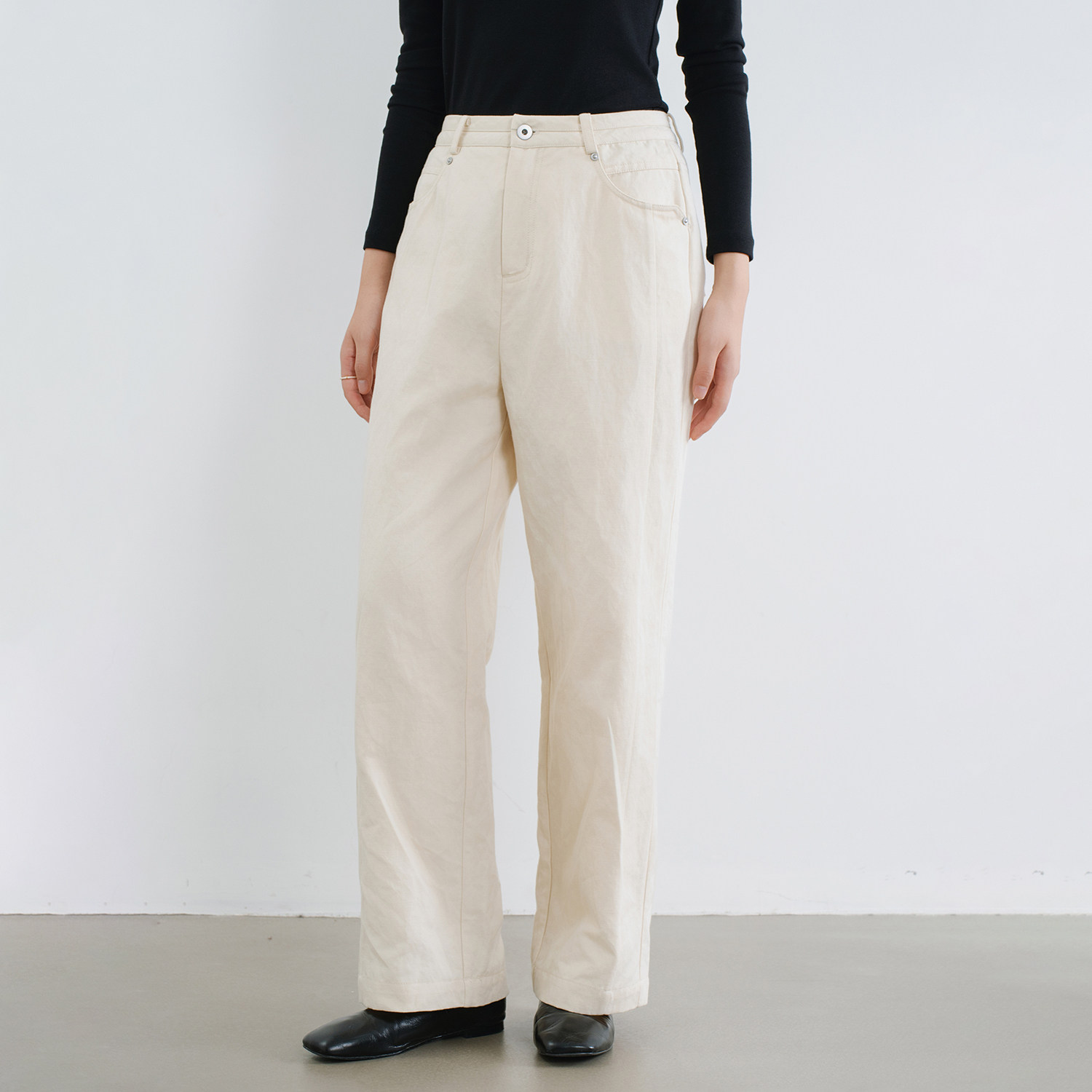 杏白色亚麻棉直筒长裤