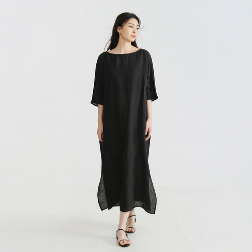 梭家 2026夏100%亚麻五分袖连衣裙 宽松遮肉显瘦慵懒长裙 6124MY