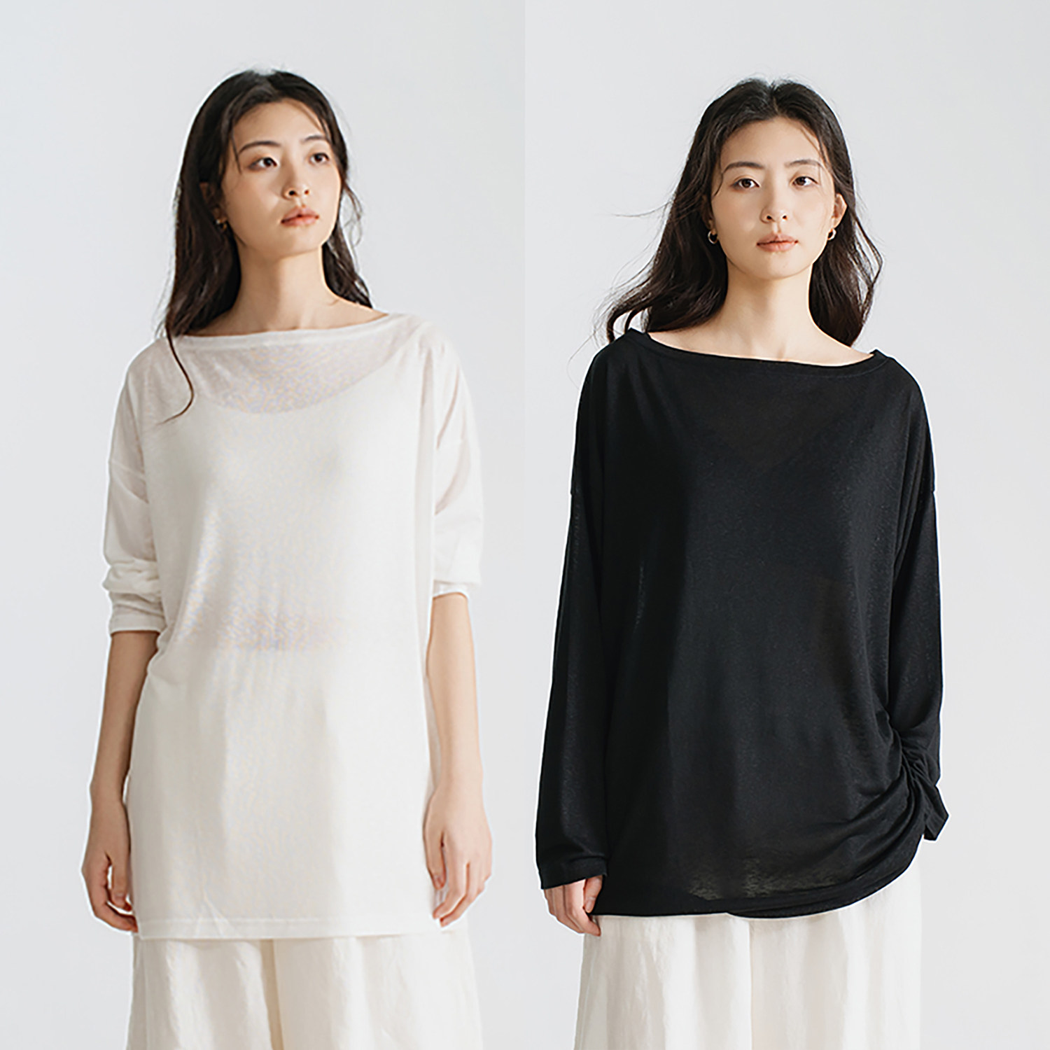 梭家 清凉透感一字领无感黑白两色上衣春夏女薄款宽松T恤 60317