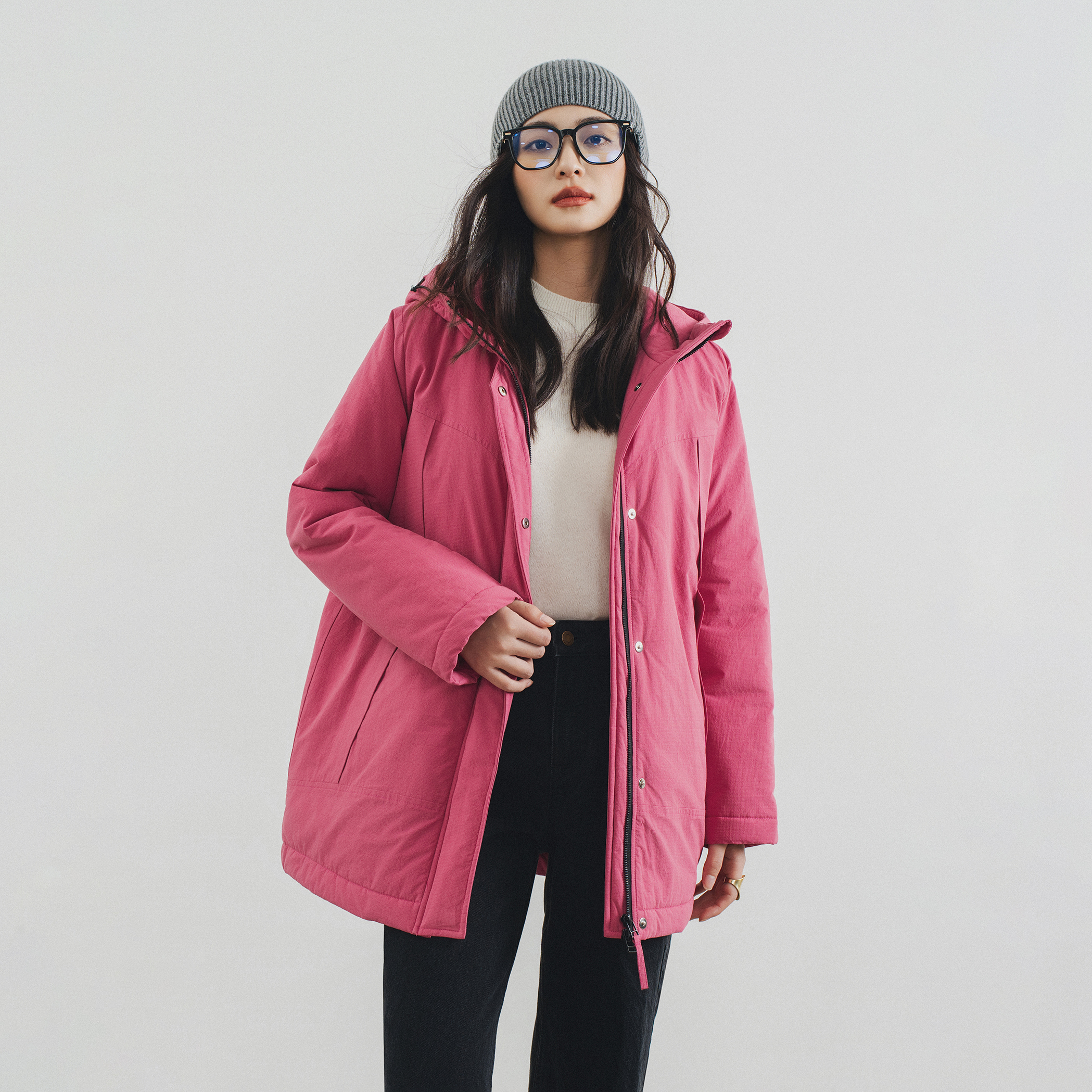 玫红色纯棉格子连帽登山服