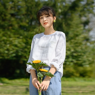 女长袖 梭家TP2109原创2022年春季 新款 亚麻圆领T恤白色文艺上衣