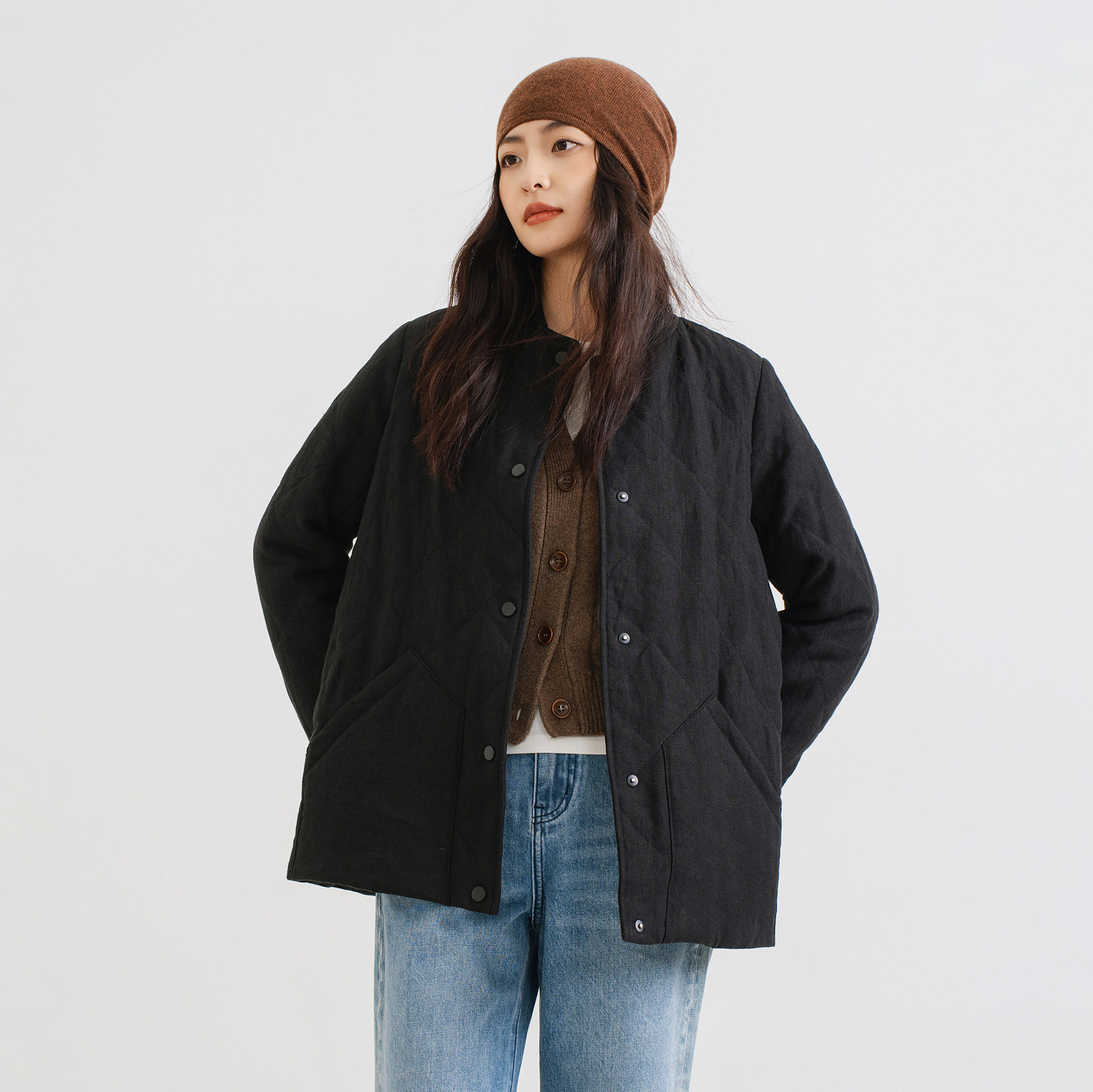 梭家|不怕遗忘｜新雪丽棉服高效保暖 黑色纯亚麻绗缝女士秋冬外套