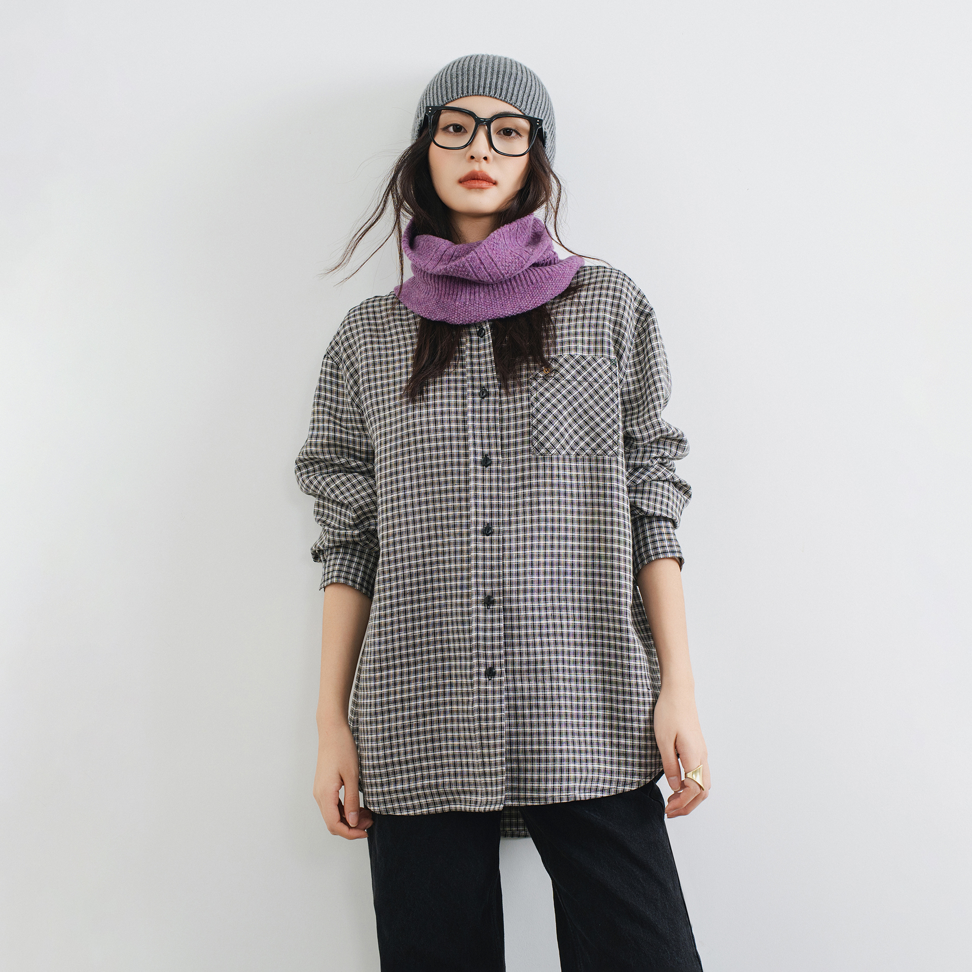 黑白格子色织亚麻衬衫