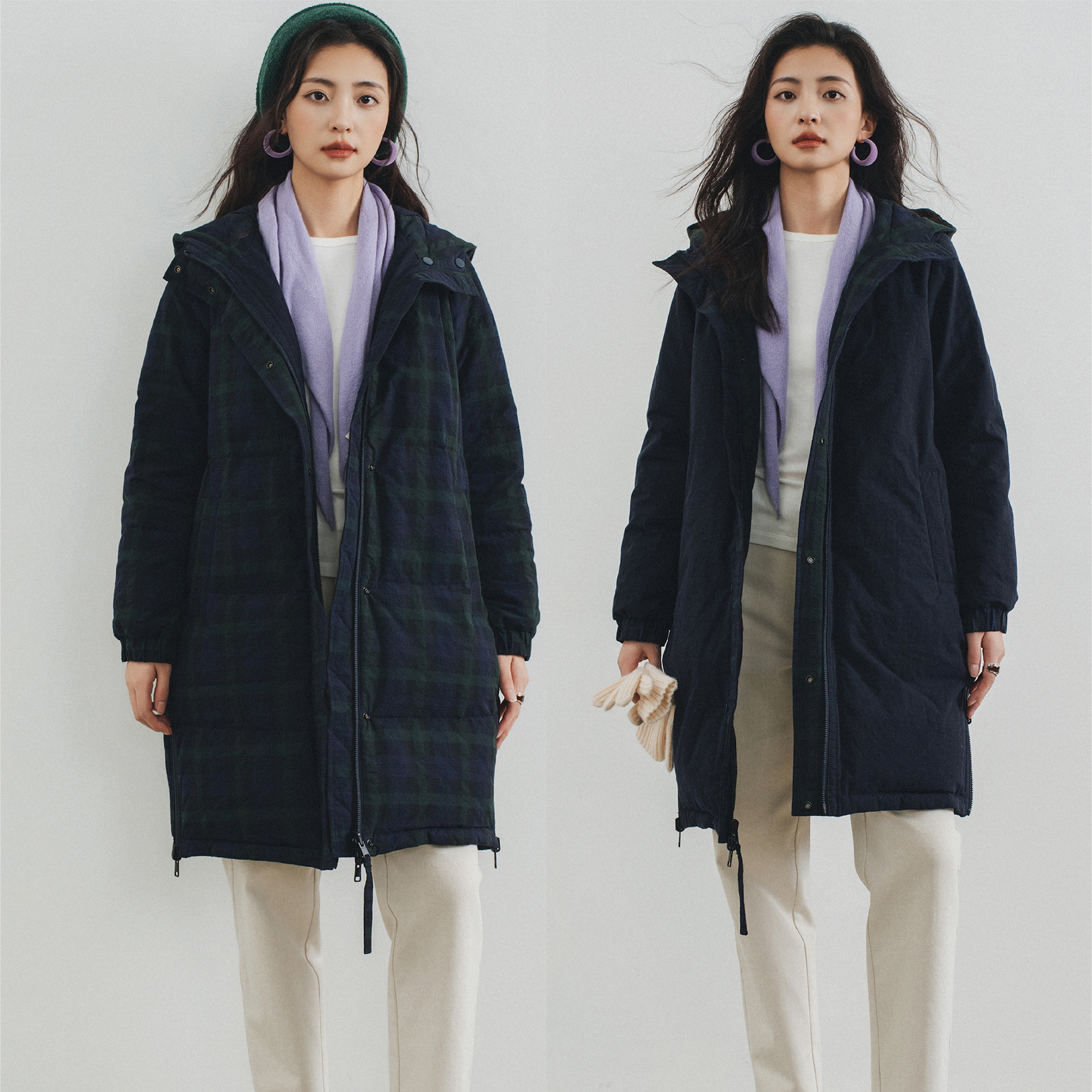 双面穿中长款连帽鹅绒服棉服