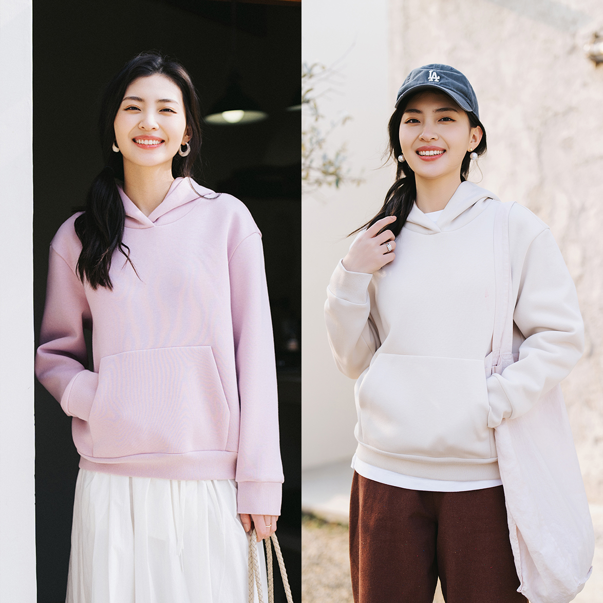 两色日常休闲平纹棉连帽卫衣