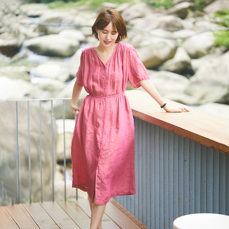 梭家｜乐意｜法国进口纱线色织砂洗亚麻连衣裙夏季女中长开衫宽松