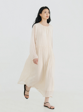 梭家 2026夏苎麻圆领拼接抽褶大摆裙长袖宽松慵懒文艺风女6319MF