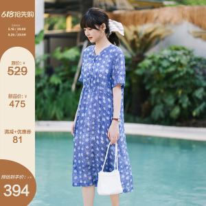 梭家|云在风里|文艺复古蓝底印花高支苎麻连衣裙夏季女法式中长裙