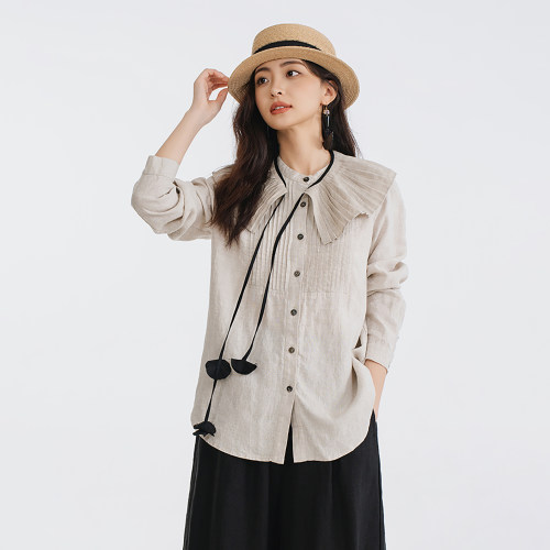 梭家｜半窗月光｜文艺复古雨露麻长袖女衬衫春夏简约圆领上衣百搭