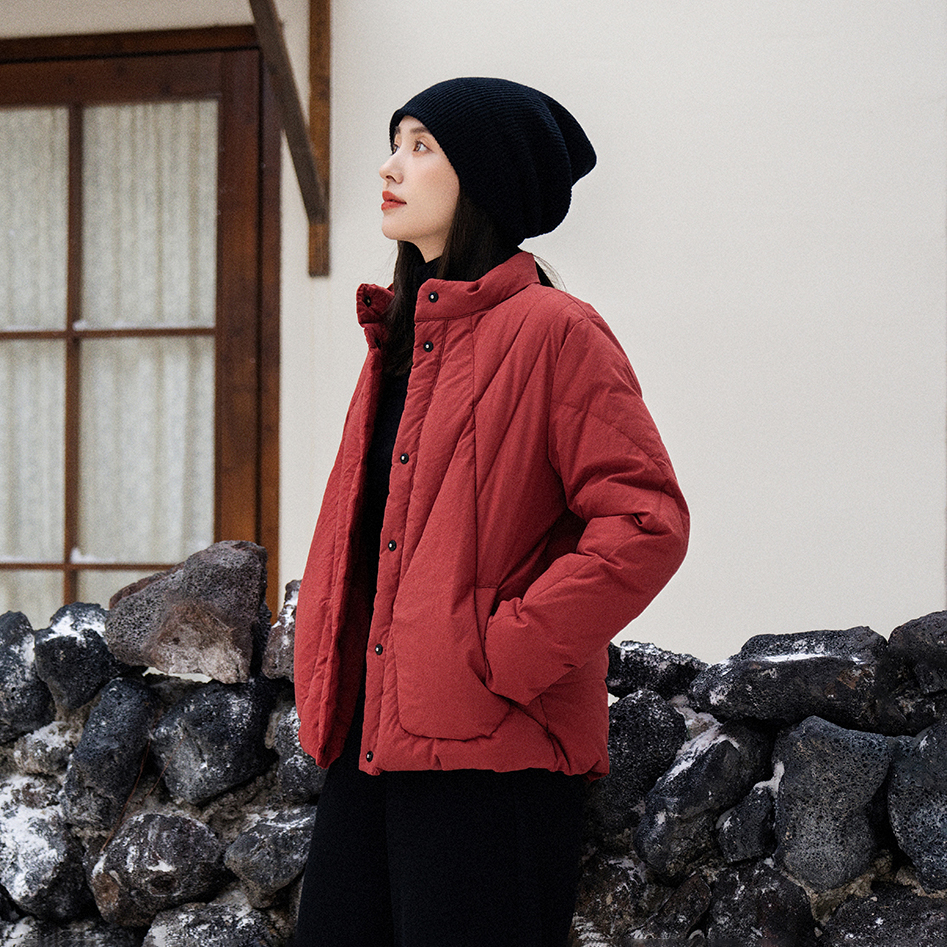 梭家文艺风全棉短款立领胭脂红