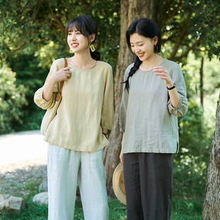 简约通勤两色亚麻莱赛尔圆领T恤夏季 梭家｜清澈与明朗 女宽松上衣