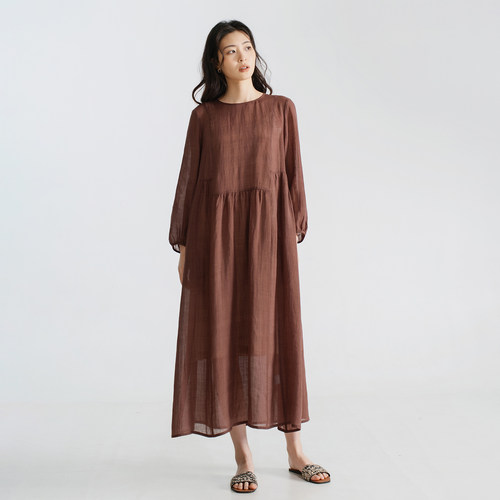 梭家 轻盈空气感苎麻莱赛尔混纺夏季女长袖圆领连衣裙薄款 634LF