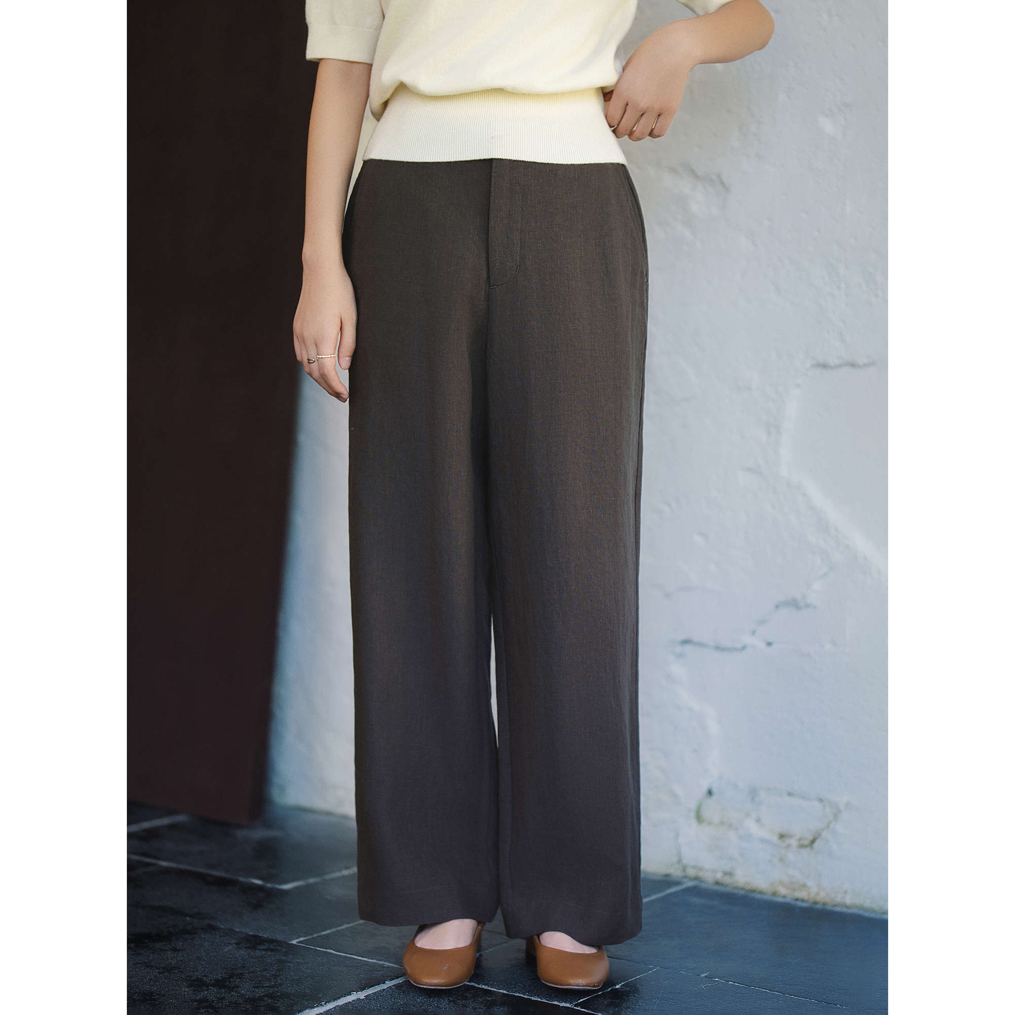 黑茶色亚麻直筒裤阔腿裤