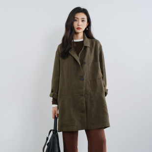 梭家|慢焙|通勤款橄榄绿中长亚麻外套秋天女士新款不规则风衣