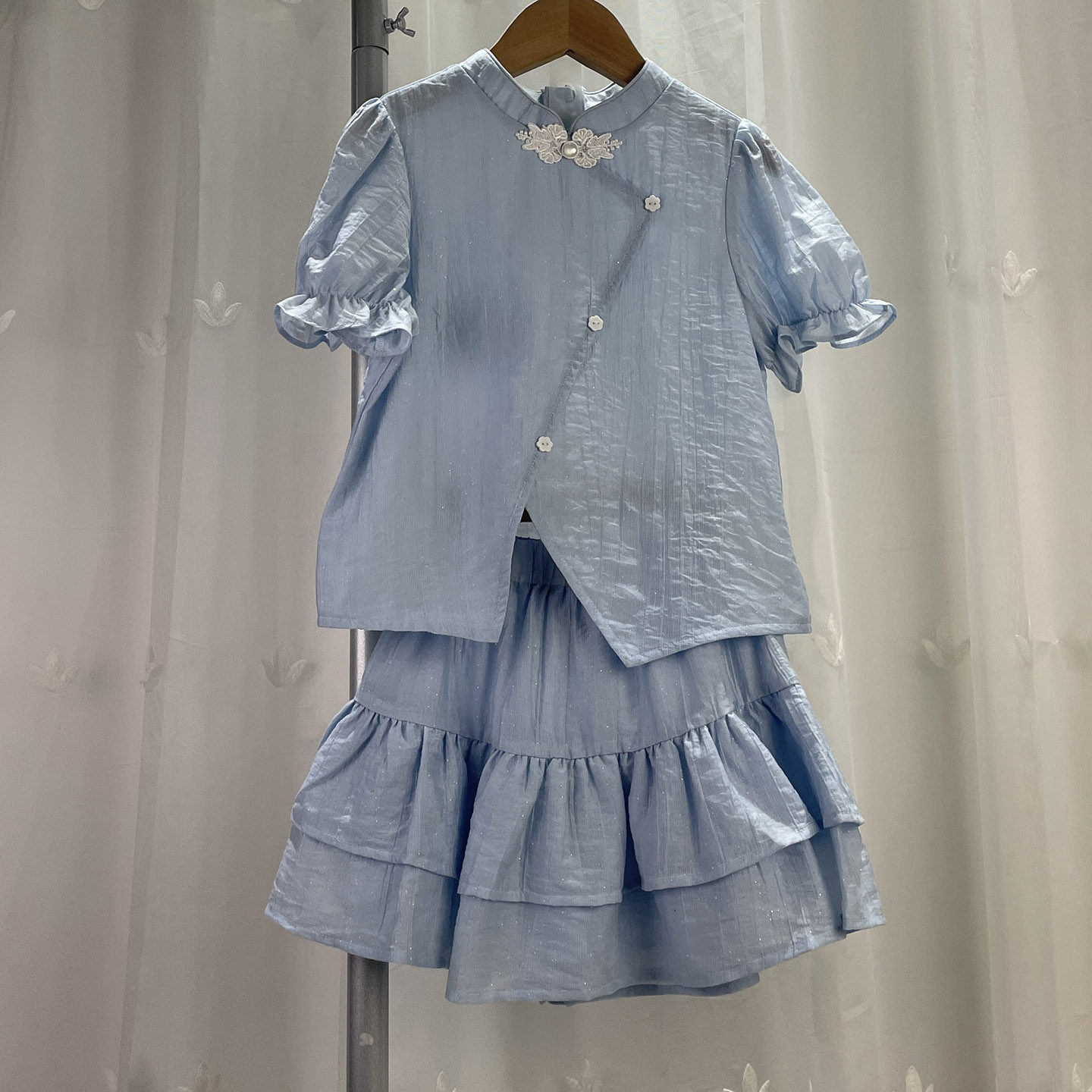 宝W旗下品牌折扣童装女中童国风套装儿童古风盘扣上衣+裤裙2件套