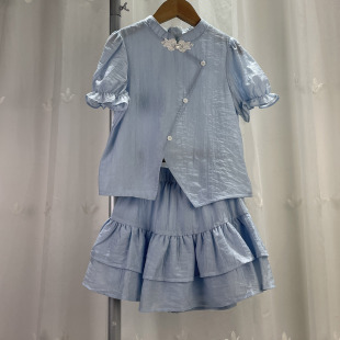 裤 儿童古风盘扣上衣 裙2件套 女中童国风套装 宝W旗下品牌折扣童装