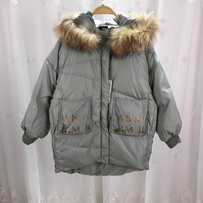 120-140 盈H品牌童装女中童中长羽绒服儿童冬季鸭绒连帽外套 清仓