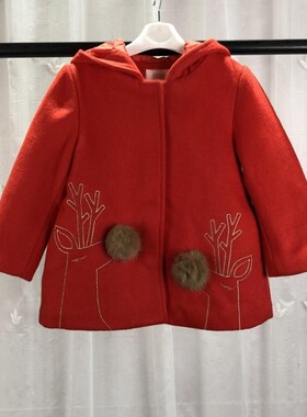 90 100码 DDL品牌撤柜童装女小童羊毛呢大衣儿童连帽夹棉外套清仓