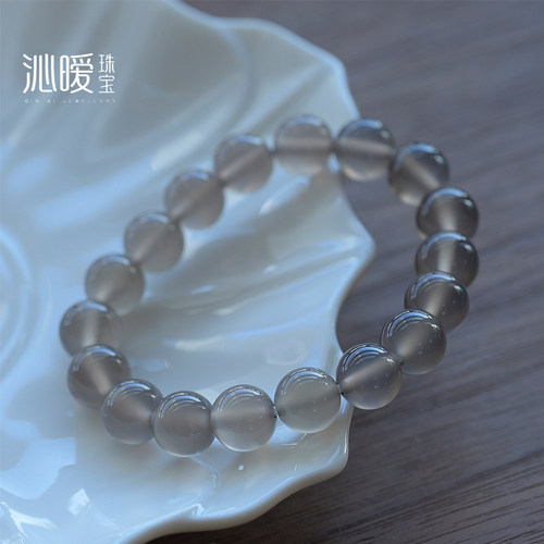 天然灰玛瑙手串浅色水晶荔枝冻女